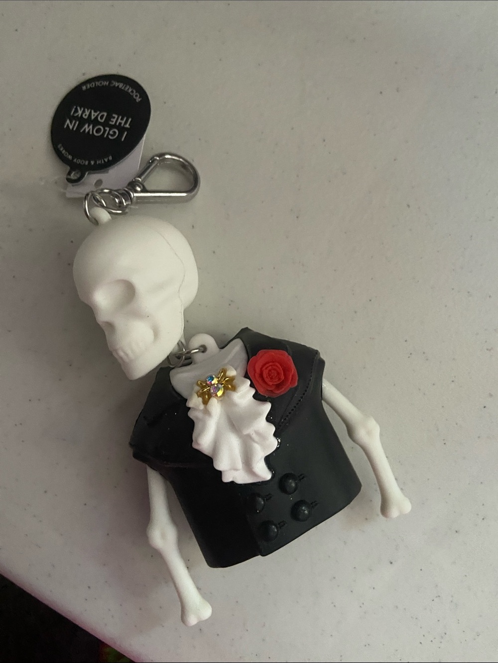 Glow in the Dark Skeleton Keychain with Red Rose Accent hand sanitizer holder
